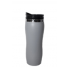 Two stainless steel travel mugs in different colors, featuring a double-wall design and spill-resistant lid for hot and cold beverages.