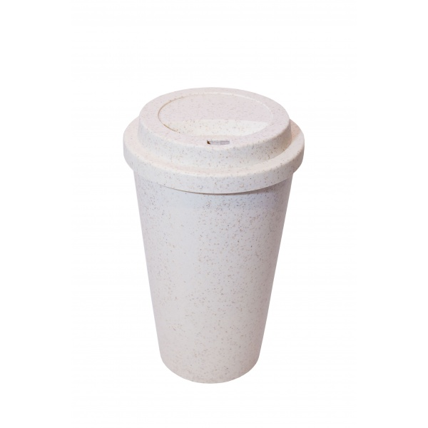 A lightweight, reusable white travel mug with a lid, featuring eco-friendly wheat fiber, on a clean white surface.