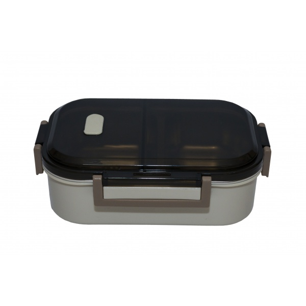 A durable black and white stainless steel lunch box with two compartments, eco-friendly and dishwasher safe for convenient storage.