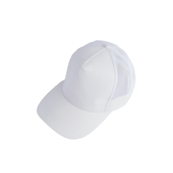 cotton trucker cap in white – mesh back cap with snap closure and cotton front
