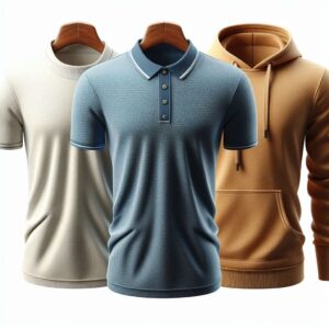 Assorted custom apparel including polo shirts, hoodies, and round neck tees in neutral colors