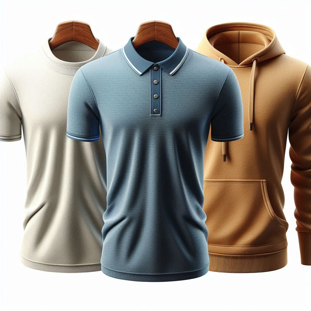 Assorted custom apparel including polo shirts, hoodies, and round neck tees in neutral colors