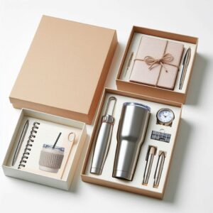 Curated corporate gift sets with custom logo including mugs, notebooks, and tech items