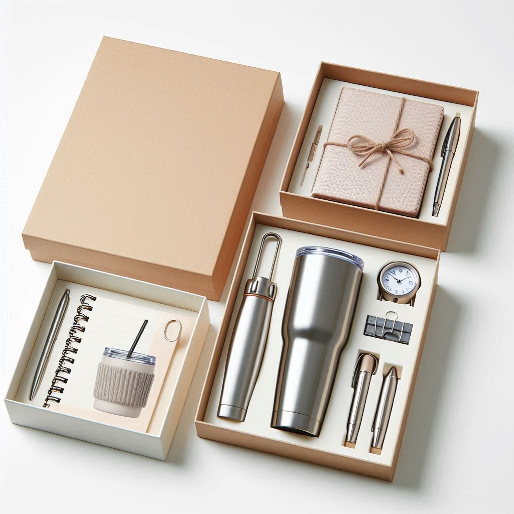 Curated corporate gift sets with custom logo including mugs, notebooks, and tech items