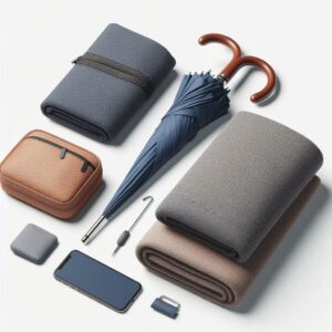 Assorted outdoor and travel gift items including backpacks, foldable chairs, travel sets, and umbrellas