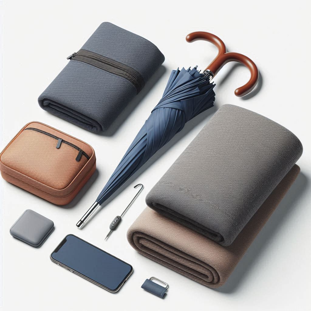 Assorted outdoor and travel gift items including backpacks, foldable chairs, travel sets, and umbrellas