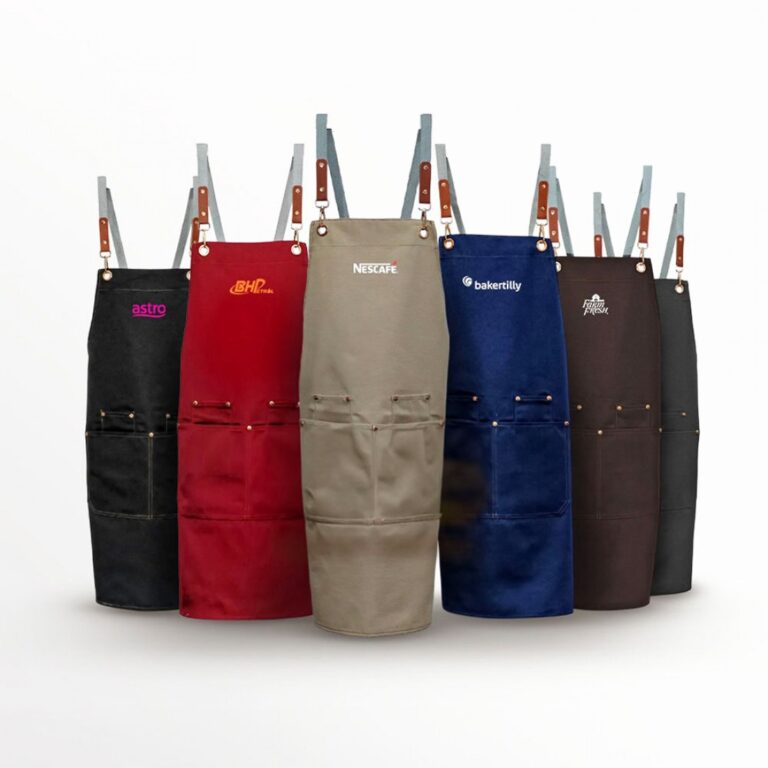 cross back apron in assorted colours – polyester apron with four front pockets