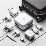 Universal travel adapters with multiple plug types and custom logos
