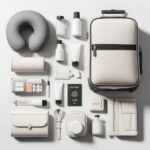 Assorted travel corporate gifts including pouches, luggage tags, and travel adapters