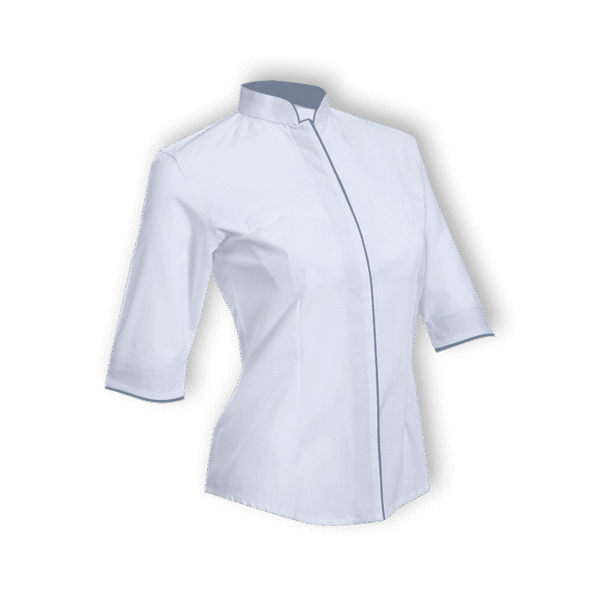 white EmberLoom F119 women’s 3/4 sleeve corporate shirt with eco-dyed fabric