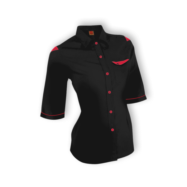 Female office staff in ladies 3/4 sleeve work shirt – PrecisionFit F129 in black