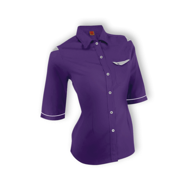 Female office staff in ladies 3/4 sleeve work shirt – PrecisionFit F129 in purple