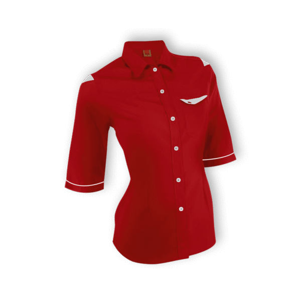 Female office staff in ladies 3/4 sleeve work shirt – PrecisionFit F129 in red