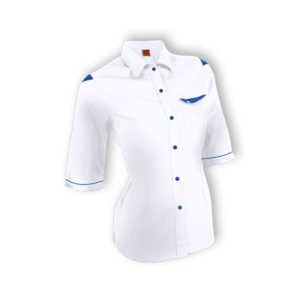 Female office staff in ladies 3/4 sleeve work shirt – PrecisionFit F129 in white