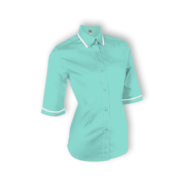 turquiose Female 3/4 sleeve corporate blouse in eco-dyed fabric – EliteFlex design