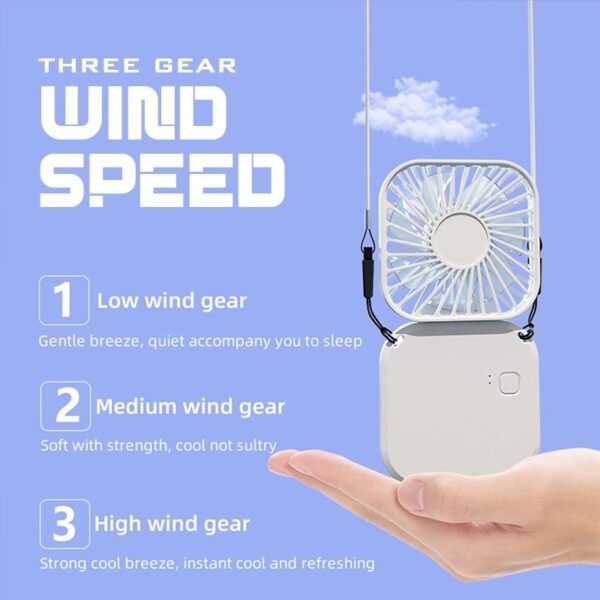 Foldable mini fan in white with 180° rotating design - wind speed