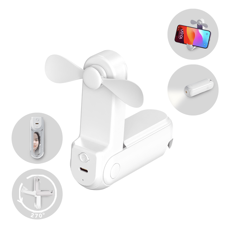 Foldable mini fan torch in white with mirror and phone stand