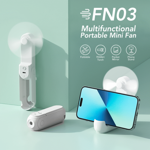 Foldable mini fan torch in white with mirror and phone stand - phone stand