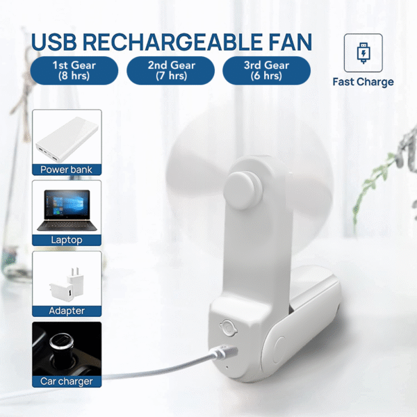 Foldable mini fan torch in white with mirror and phone stand - fold