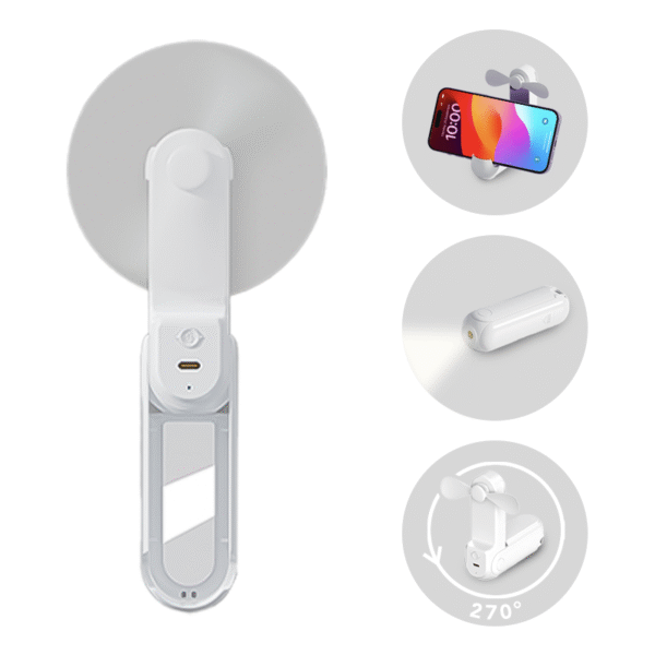Foldable mini fan torch in white with mirror and phone stand - function