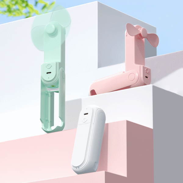 Foldable mini fan torch in white with mirror and phone stand - display