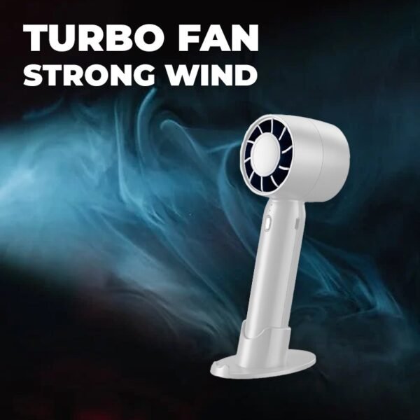 Handheld turbo fan in white with built-in phone stand - portable