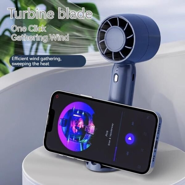 Handheld turbo fan in white with built-in phone stand - phone stand