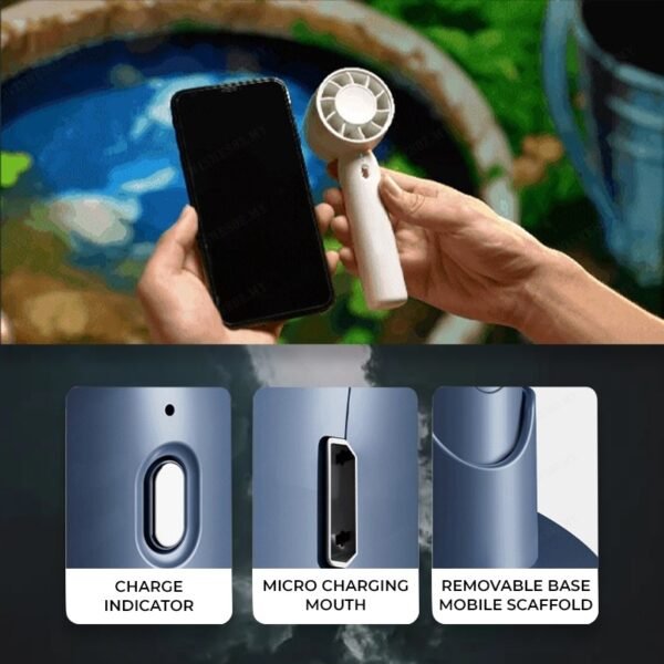 Handheld turbo fan in white with built-in phone stand - small