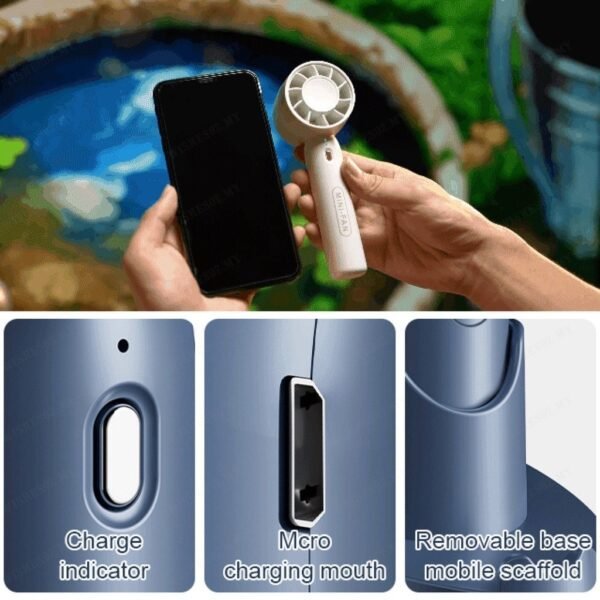 Handheld turbo fan in white with built-in phone stand - small