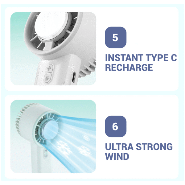 Mini handheld turbo fan in white with 3ultra strong wind-speed design -