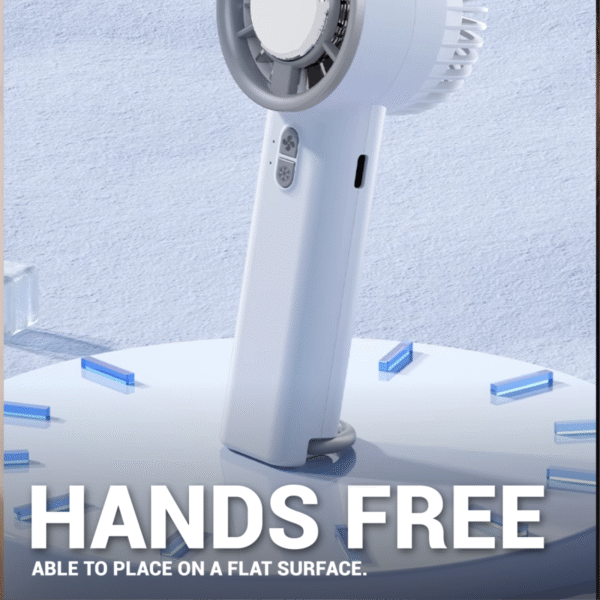 Mini handheld turbo fan in white with 3-speed design - hands free