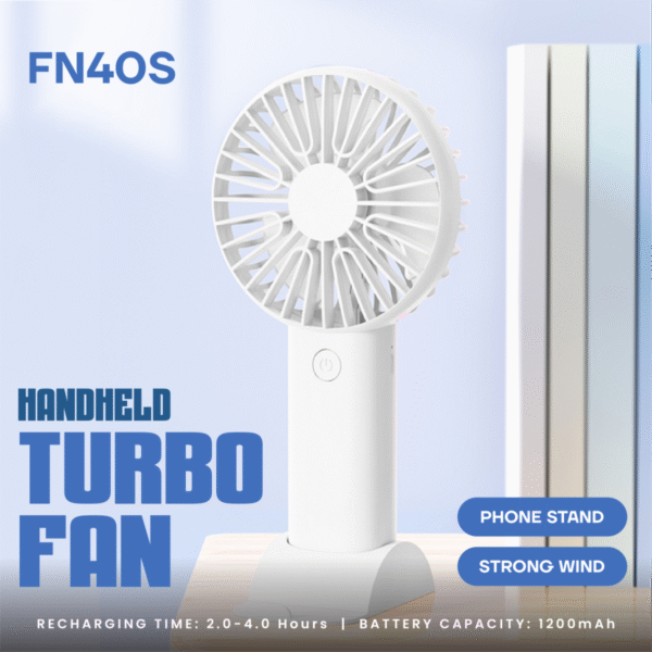 Portable handheld fan in white with built-in phone stand - turbo fan
