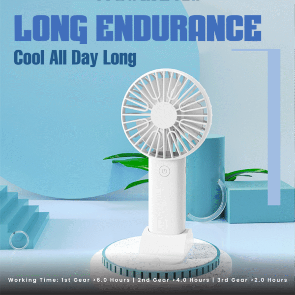 Portable handheld fan in white with built-in phone stand - long