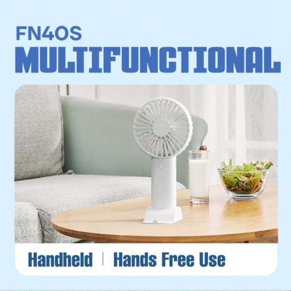 Portable handheld fan in white with built-in phone stand - multifunction
