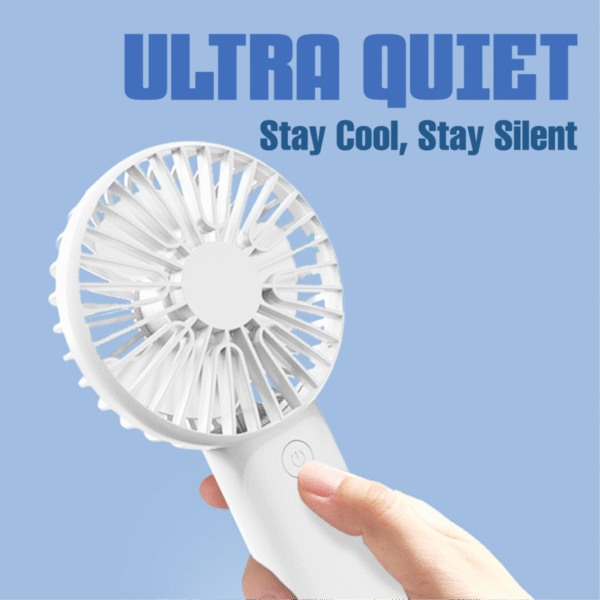 Portable handheld fan in white with built-in phone stand - ultra quiet