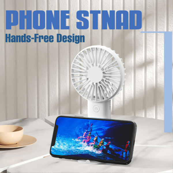 Portable handheld fan in white with built-in phone stand - phone stand