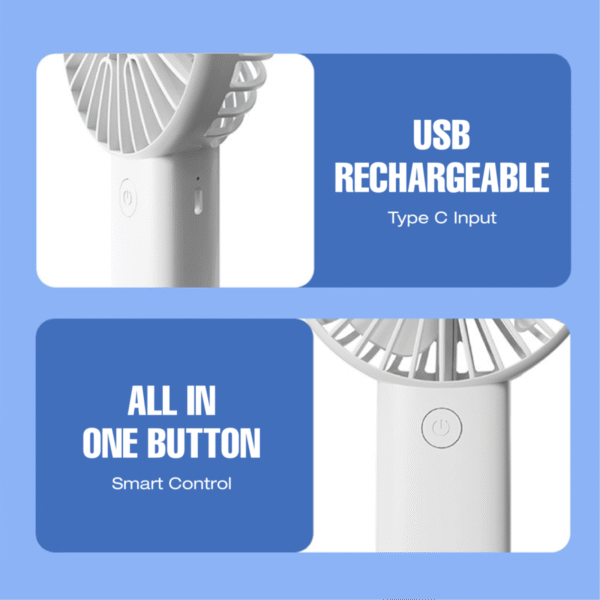 Portable handheld fan in white with built-in phone stand - usb rechargable