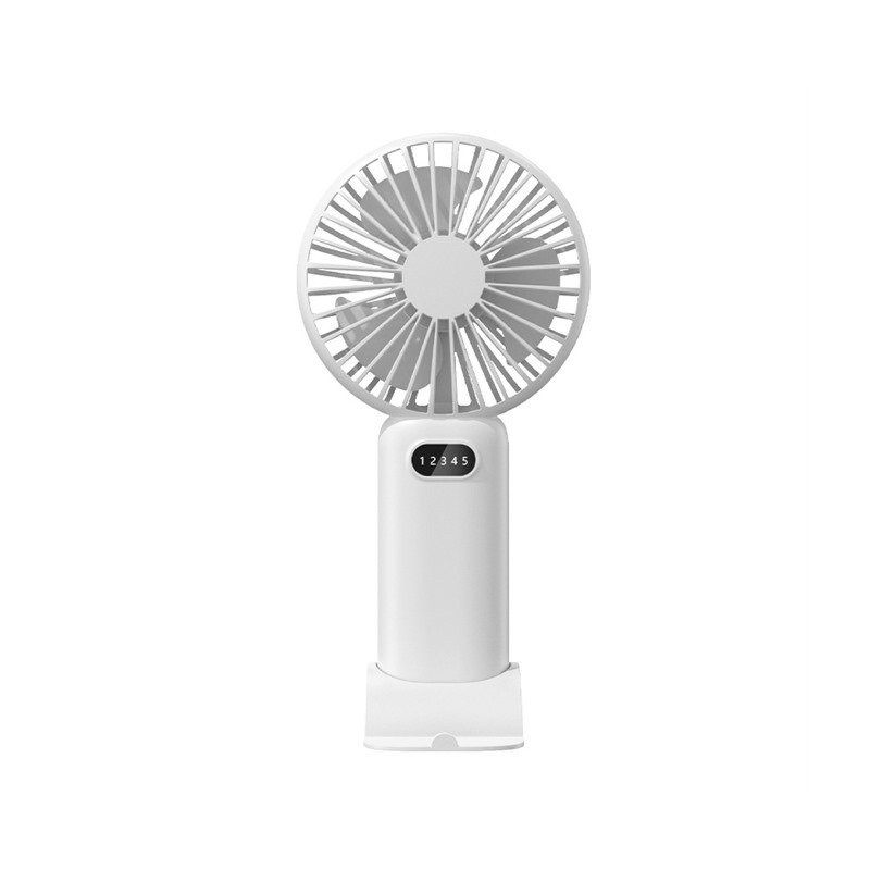 Foldable handheld fan in white with phone stand