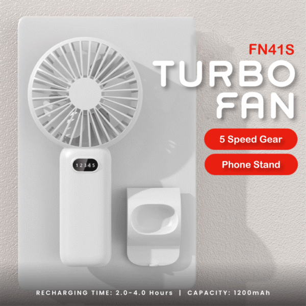 Foldable handheld fan in white with phone stand - turbo fan