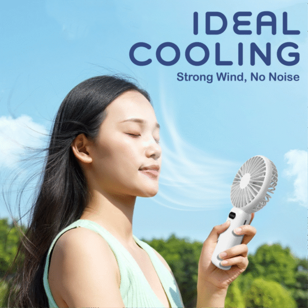 Foldable handheld fan in white with phone stand - cooling