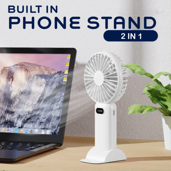 Foldable handheld fan in white with phone stand - with phone stand