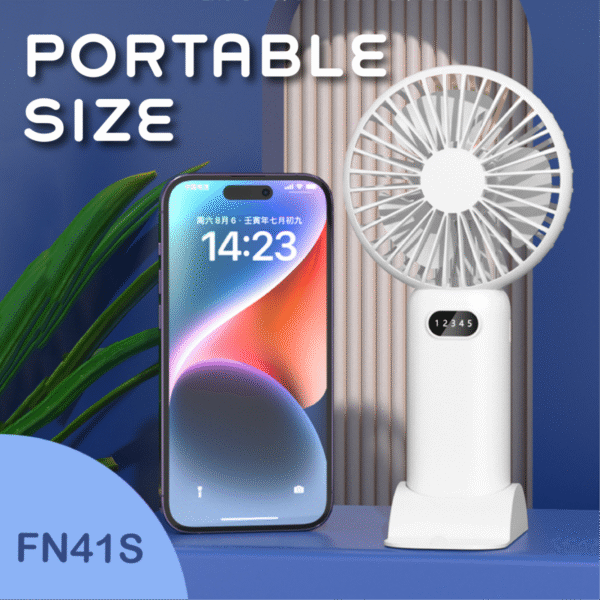 Foldable handheld fan in white with phone stand - portable