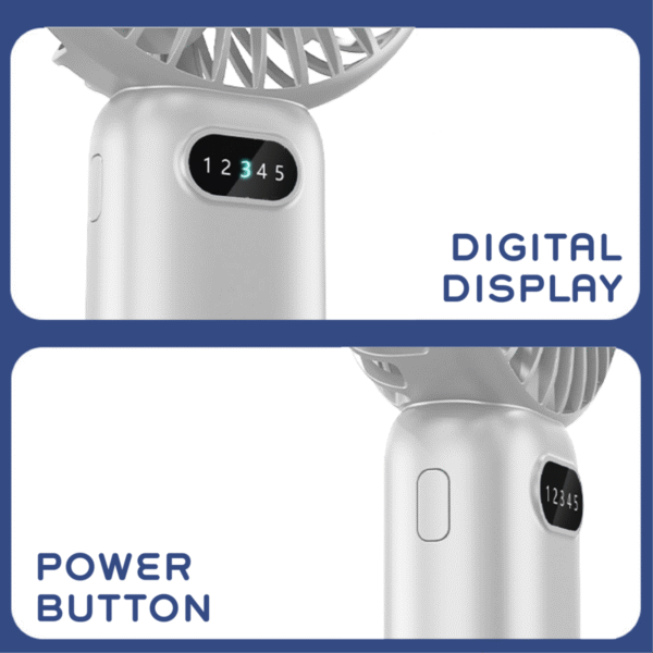 Foldable handheld fan in white with phone stand - power button