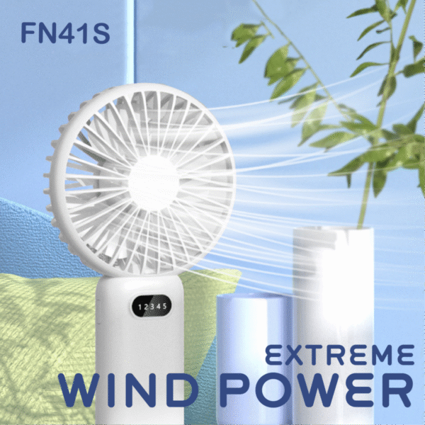 Foldable handheld fan in white with phone stand - wind power