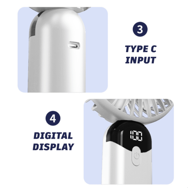 Phone stand handheld fan in white with foldable design - digital display