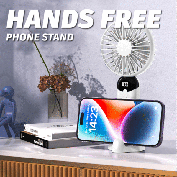 Phone stand handheld fan in white with foldable design - hands free