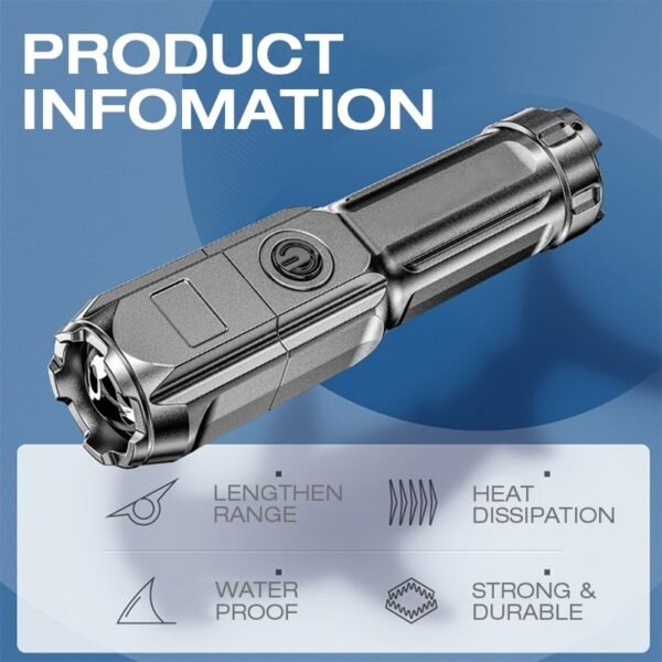 Zoom focus LED torch in black with adjustable beam - product info