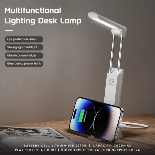 Torch table lamp powerbank in white with mobile stand and USB output - multifunctional