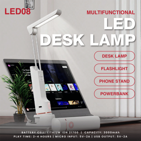 Torch table lamp powerbank in white with mobile stand and USB output - led