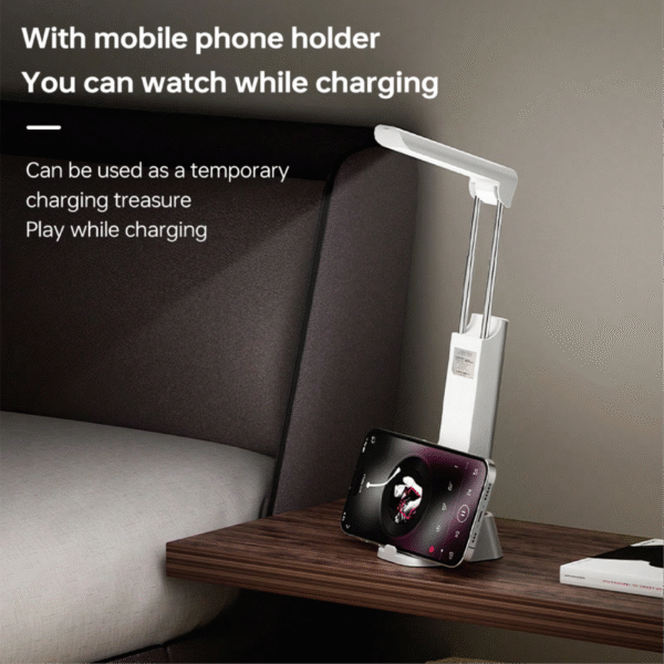 Torch table lamp powerbank in white with mobile stand and USB output - with mobile holder